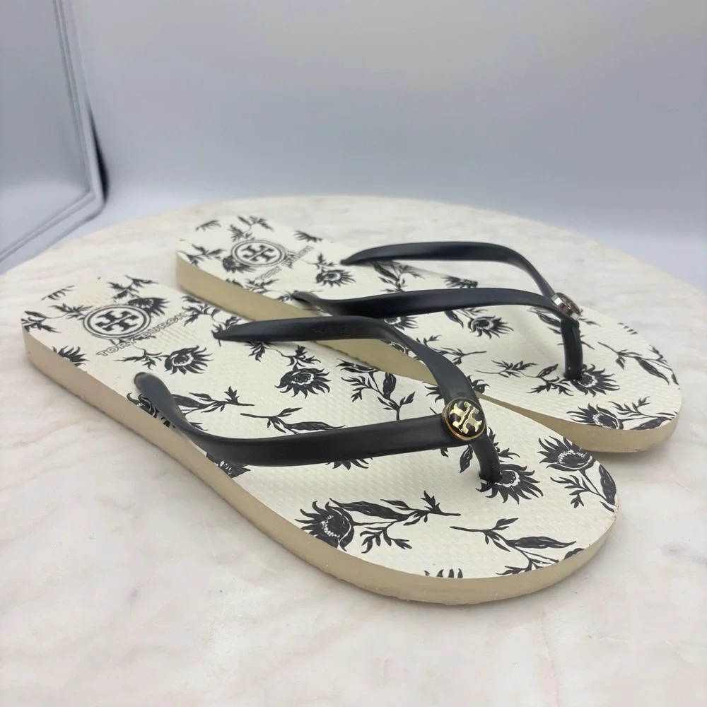 Tory Burch Flip Flops Women Size‎ 9 Navy Blue Floral Logo Sandals Resort Beach